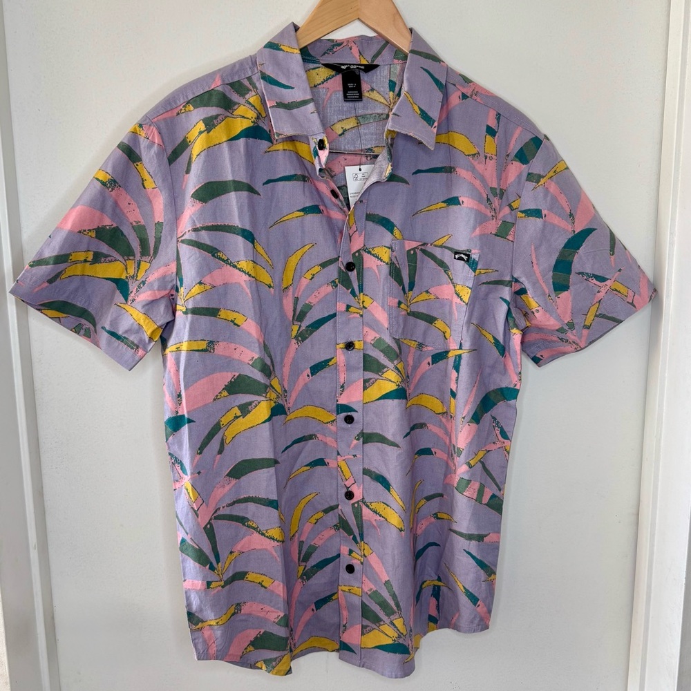Billabong Purple Fronds Hawaiian Cotton Button Up Shirt Mens Small Surf NEW Tags